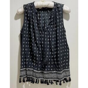 Madewell Womens Sleeveless Blouse XS Extra Small Black White Tassel Boho‎ Beach
